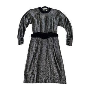 Vtg Adele Simpson Silk Velvet Trim Blouson Checkered Belted Button Dress S/M